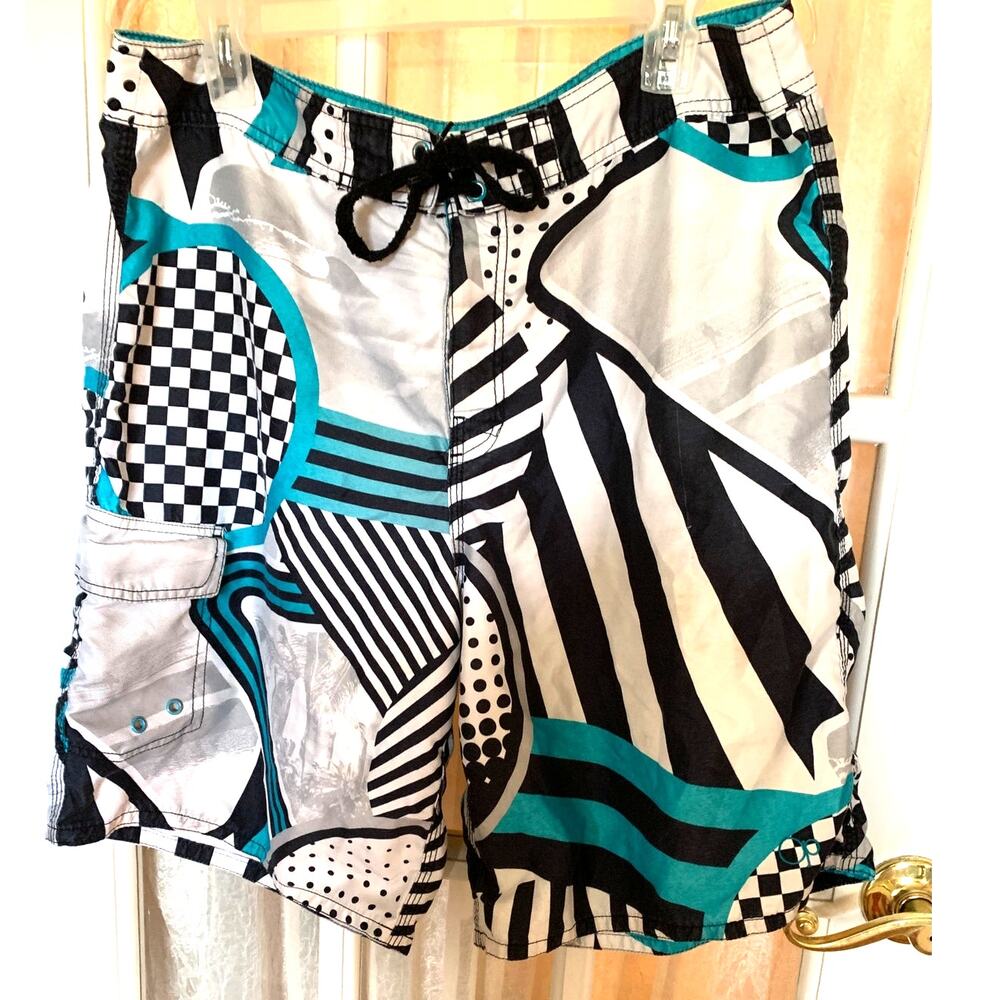 VINTAGE 90'S OCEAN PACIFIC BOARD SWIM SHORTS BLUE ABSTRACT DESIGN MEN'S 38